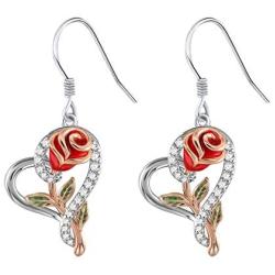 SNZM Love Heart Rose Earrings for Women Girlfriend Sterling Silver Dangle Earrings Jewelry Gifts for Christmas Anniversary