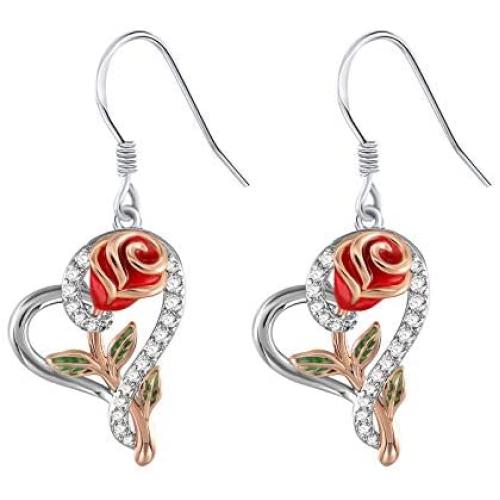SNZM Love Heart Rose Earrings for Women Girlfriend Sterling Silver Dangle Earrings Jewelry Gifts for Christmas Anniversary
