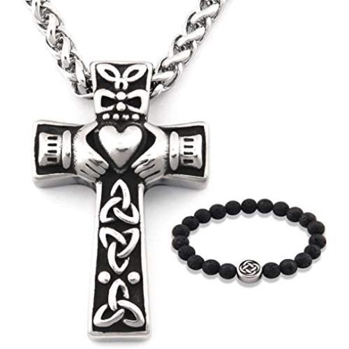 Gungneer Celtic Claddagh Necklace Cross Pendant Stainless Steel Chain Friendship Love Irish Jewelry for Men Women