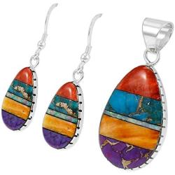 Sterling Silver with Genuine Turquoise Necklace & Earrings Set (SELECT COLOR)