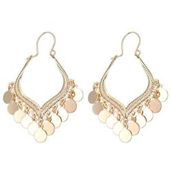 NTLX Boho Coin Dangle Hoop Earrings - Bohemian Chandelier Charm Earrings for Women - Lightweight Gold/Silver Disc Drop Statement Jewelry - Round or V Shape - Includes Gift Box