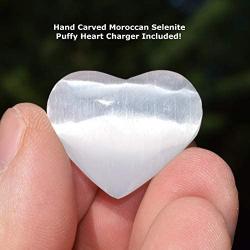 Selenite Charged Wire-Wrapped & Electroformed Natural Gemstone Pendant + 20'' Silver Chain Baby Selenite Pocket Puffy Heart