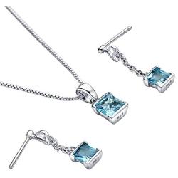 Peora Swiss Blue Topaz Pendant Necklace and Earrings Jewelry Set in Sterling Silver, Princess Cut, 1.00 Carat total, with 18 inch Chain