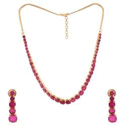 Ratnavali jewels CZ Gold Plated Designer Jewellery Set Single Line Red Green with Chain & Earring for Women