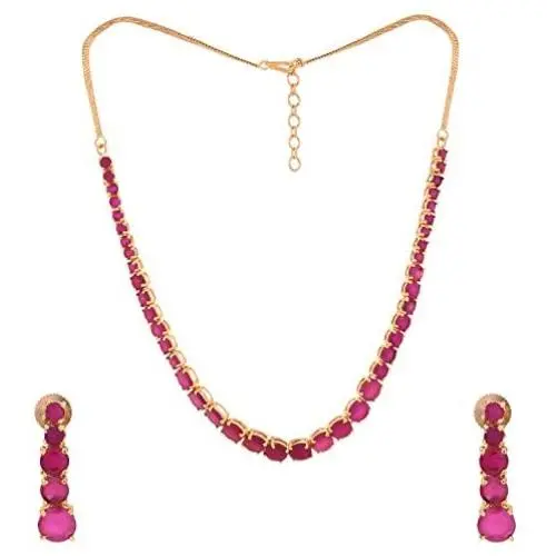 Ratnavali jewels CZ Gold Plated Designer Jewellery Set Single Line Red Green with Chain & Earring for Women