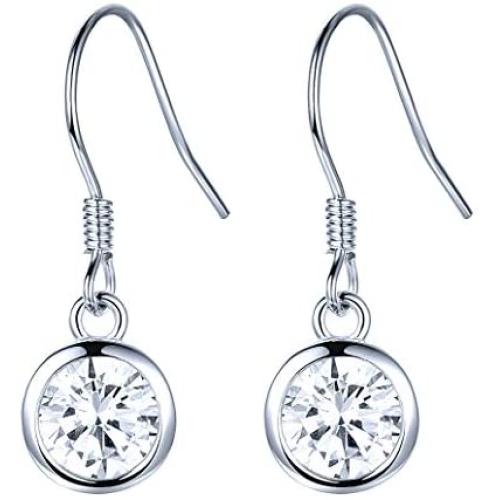 925 Sterling Silver Earrings, BoRuo Cubic Zirconia Round Cut Dangle Earrings