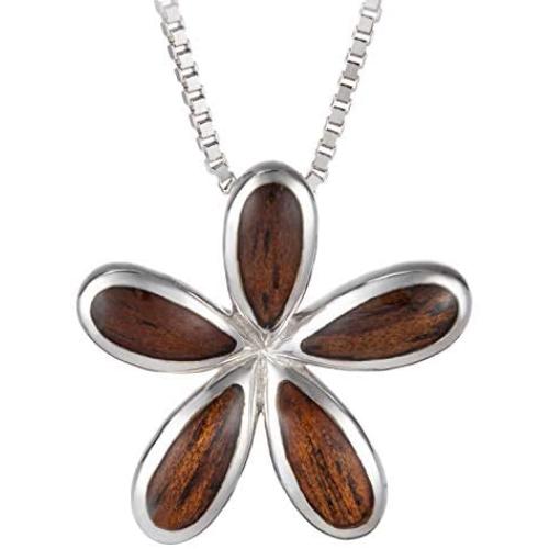 Sterling Silver Koa Wood Plumeria Necklace Pendant with 18'' Box Chain