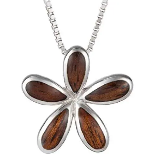 Sterling Silver Koa Wood Plumeria Necklace Pendant with 18'' Box Chain Sterling Silver Koa Wood Plumeria Necklace Pendant with 18'' Box Chain