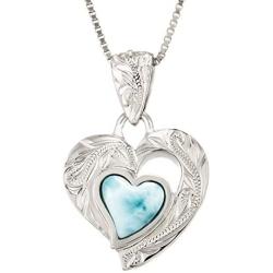 Aloha Jewelry Company Sterling Silver Natural Larimar Hawaiian Tribal Heart Necklace Pendant with 18'' Box Chain