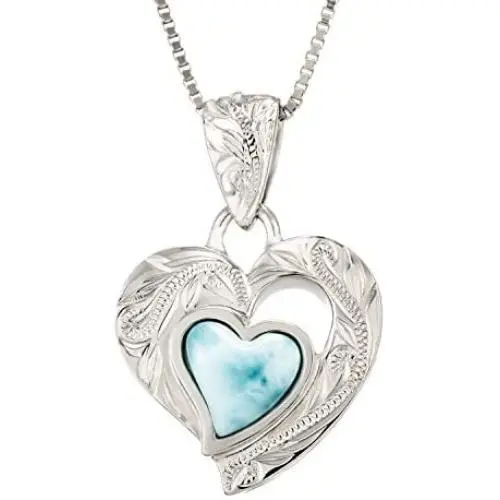 Aloha Jewelry Company Sterling Silver Natural Larimar Hawaiian Tribal Heart Necklace Pendant with 18'' Box Chain Aloha Jewelry Company Sterling Silver Natural Larimar Hawaiian Tribal Heart Necklace Pendant with 18'' Box Chain