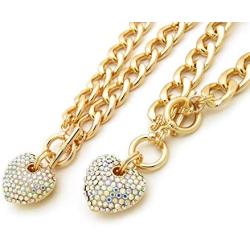 Fashion 21 Womens Pave Filled 3D Heart Pendant 16'' Cuban Link Chain & Bracelet Set in Gold, Silver Color Plated