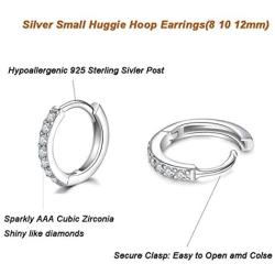 Bestwick 3 Pairs 925 Sterling Silver Hoop Earrings for Women Mens, Hypoallergenic Silver Small Unisex Cartilage Huggie Cubic Zirconia Hoop Earrings Piercing Jewellery for Sensitive Ears 8mm 10mm 12mm