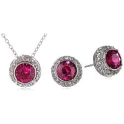 Rhodium-Plated Sterling Silver Emerald Green and Fuchsia Round Halo Pendant Necklace and Stud Earrings Jewelry Set