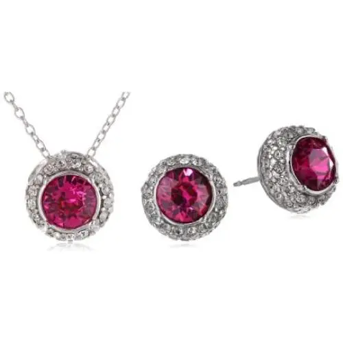 Rhodium-Plated Sterling Silver Emerald Green and Fuchsia Round Halo Pendant Necklace and Stud Earrings Jewelry Set