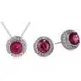 Rhodium-Plated Sterling Silver Emerald Green and Fuchsia Round Halo Pendant Necklace and Stud Earrings Jewelry Set