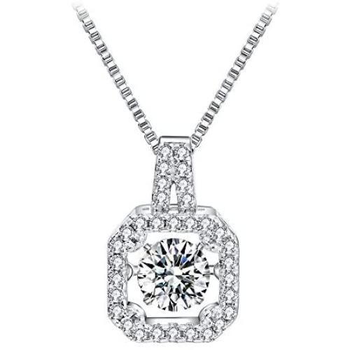 T400 925 Sterling Silver Pendant Necklace with Dancing Diamond Stone Cubic Zirconia Gift for Women
