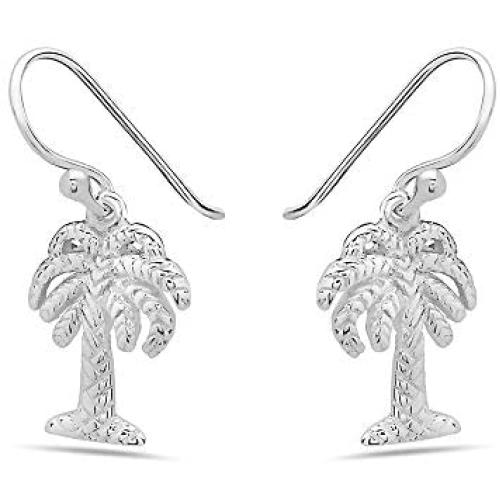 925 Solid Sterling Silver Dangling Small Palm Tree Earrings - Dangle Nature Tiny Hypoallerenic Jewelry