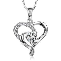 SUPRAONE Forever Love Heart Women Necklace 925 Sterling Silver White Gold Plated Birthstone Pendant Necklaces for Women Mom Wife with 5A Cubic Zirconia Valentines Jewelry Gift Birthday Gift