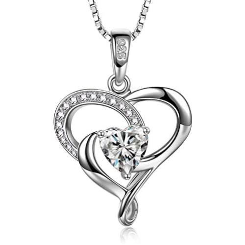 SUPRAONE Forever Love Heart Women Necklace 925 Sterling Silver White Gold Plated Birthstone Pendant Necklaces for Women Mom Wife with 5A Cubic Zirconia Valentines Jewelry Gift Birthday Gift