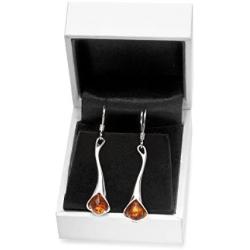 Amber Lily Designer Drop Earrings - Sterling Silver & Baltic Amber - Stunning Modern Design - Presented in Attractive Gift Box