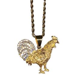Shop-iGold Men Women 925 Italy Gold Finish Iced Gallo Rooster Ice Out Pendant Stainless Steel Real 2 mm Rope Chain Necklace, Mens Jewelry, Iced Pendant, Rope Necklace
