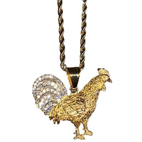 Shop-iGold Men Women 925 Italy Gold Finish Iced Gallo Rooster Ice Out Pendant Stainless Steel Real 2 mm Rope Chain Necklace, Mens Jewelry, Iced Pendant, Rope Necklace