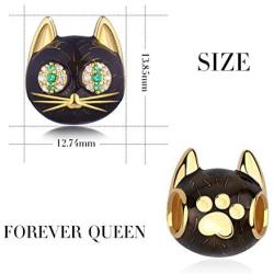 FOREVER QUEEN Black Cat Charm in 925 Sterling Silver with Black Enamel& 5A Zircon for Pandora Bracelet Necklace, Animal Head Bead Charm- Your Lucky Cat Women Men Girls Boys Gifts