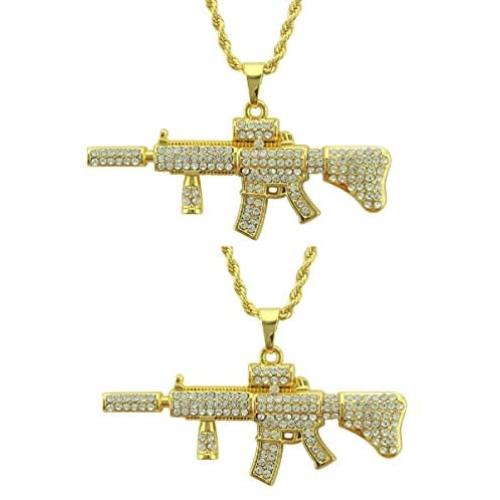 Holibanna 2pcs Hip Hop Rhinestone Necklace Ak47 Pendant Personalized Necklace Punk Golden Chain Jewelry Accessories Gift for Men Women with Random Chain