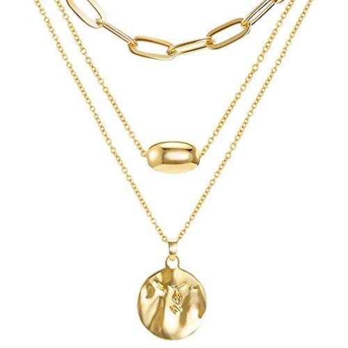 FAMARINE Gold Layered Pendant Long Necklace, 3 Layer Choker Necklace Chain Pendant Costume Jewelry for Women