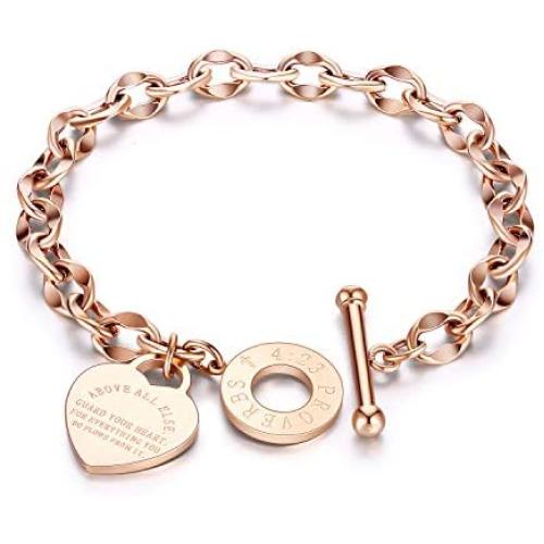ALEXTINA Dainty Heart Charm Bracelets Inspirational Bible Verse Proverbs 4:23 Stainless Steel 18k Gold Plated Oval Chain Wristband Gift for Mom Women Teen Girls Toggle Clasp