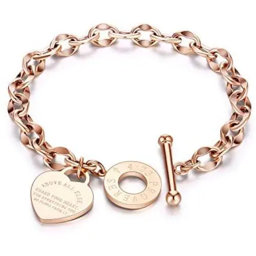 ALEXTINA Dainty Heart Charm Bracelets Inspirational Bible Verse Proverbs 4:23 Stainless Steel 18k Gold Plated Oval Chain Wristband Gift for Mom Women Teen Girls Toggle Clasp