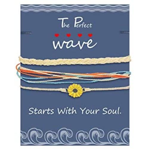 ZZ ZINFANDEL 3 Pcs Adjustable VSCO String Wave Bracelet,Bohemian Handcrafted Weave Waterproof Wax Line Friendship Bracelet Beach Wave Jewelry with Message Card for Women Girls