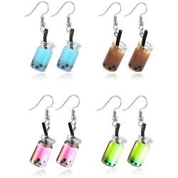 Women Unique Bubble Boba Tea Dangle Earrings Personality Milk Tea Drink Earring Colorful Glass Bottle Funny Earrings for Girl Jewelry Christmas Gifts 4pairs