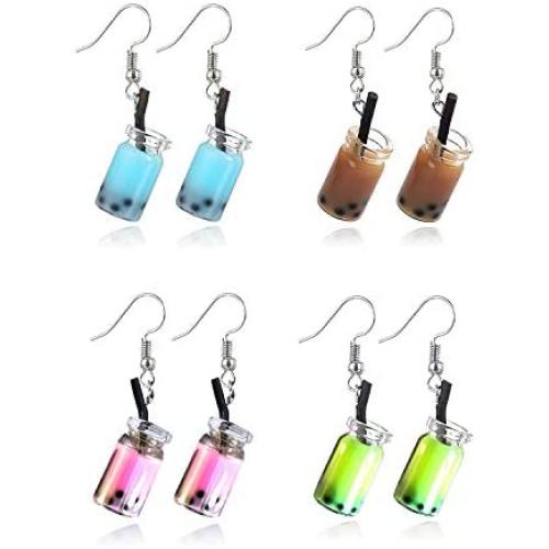 Women Unique Bubble Boba Tea Dangle Earrings Personality Milk Tea Drink Earring Colorful Glass Bottle Funny Earrings for Girl Jewelry Christmas Gifts 4pairs