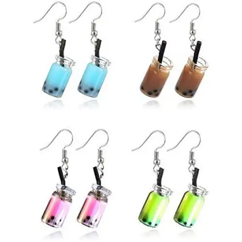 Women Unique Bubble Boba Tea Dangle Earrings Personality Milk Tea Drink Earring Colorful Glass Bottle Funny Earrings for Girl Jewelry Christmas Gifts 4pairs