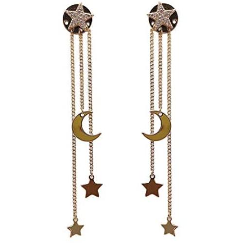Exquisite Stars Moon Long Tassel Chain Drop Dangle Earrings 14K Gold Rhinestone Stars Rear Hanging Earring for Women Girls