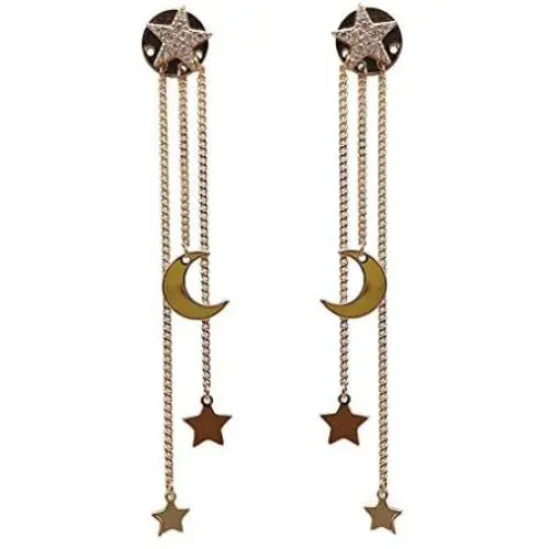 Exquisite Stars Moon Long Tassel Chain Drop Dangle Earrings 14K Gold Rhinestone Stars Rear Hanging Earring for Women Girls Exquisite Stars Moon Long Tassel Chain Drop Dangle Earrings 14K Gold Rhinestone Stars Rear Hanging Earring for Women Girls