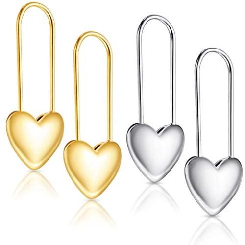 2 Pairs Safety Pin Womens Stainless Steel Cartilage Earrings Heart-Shaped Earrings, Gold And Silver