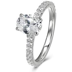 Petite Micropavé 1.5 Carat Oval Cut Cubic Zirconia CZ Solitaire Rhodium Plated Sterling Silver Engagement Rings |Ideal Cut, D-E Color, FL Clarity