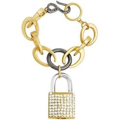 Steve Madden Womens Polished Rhinestone Lock Design Charm Link Tri-Tone Bracelet