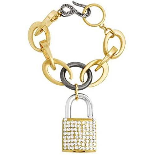Steve Madden Womens Polished Rhinestone Lock Design Charm Link Tri-Tone Bracelet