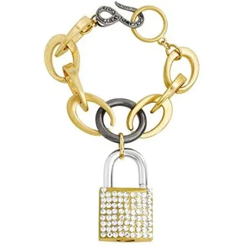 Steve Madden Womens Polished Rhinestone Lock Design Charm Link Tri-Tone Bracelet Steve Madden Womens Polished Rhinestone Lock Design Charm Link Tri-Tone Bracelet