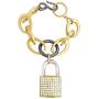 Steve Madden Womens Polished Rhinestone Lock Design Charm Link Tri-Tone Bracelet
