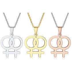 Ropman 2 Pcs Gay & Lesbian Rainbow LGBT Pride Women Gold & Silver, Rose Gold Stainless Steel Pendant Necklace for Couples,