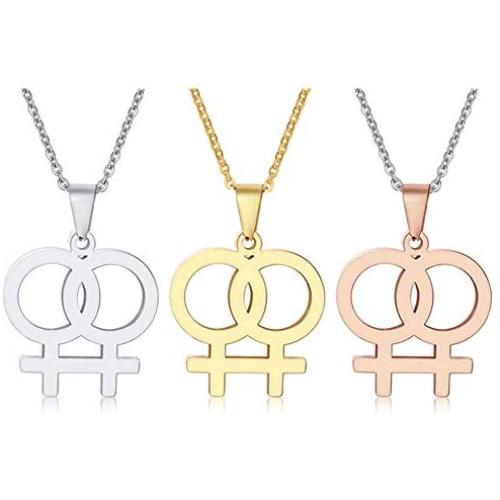 Ropman 2 Pcs Gay & Lesbian Rainbow LGBT Pride Women Gold & Silver, Rose Gold Stainless Steel Pendant Necklace for Couples,