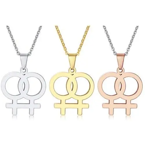 Ropman 2 Pcs Gay & Lesbian Rainbow LGBT Pride Women Gold & Silver, Rose Gold Stainless Steel Pendant Necklace for Couples,