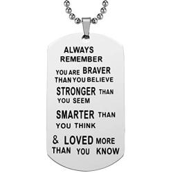 iJuqi Always Remember You are Braver Than You Believe Dog Tag Pendant Necklace, Inspirational Gifts Jewelry for Women Men Teen Girls Boys, Stainless Steel