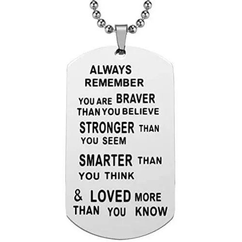 iJuqi Always Remember You are Braver Than You Believe Dog Tag Pendant Necklace, Inspirational Gifts Jewelry for Women Men Teen Girls Boys, Stainless Steel