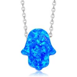 Gem Stone King Unisex 925 Sterling Silver 8MM Created Blue Opal Hand Of Hamsa Pendant with 18 Inch Silver Chain