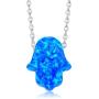 Gem Stone King Unisex 925 Sterling Silver 8MM Created Blue Opal Hand Of Hamsa Pendant with 18 Inch Silver Chain